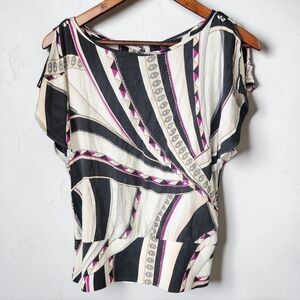 White House Black Market Silk Geometric Smock Waist Blouse Women XS Split Sleeve